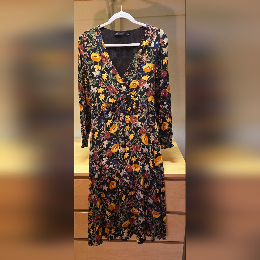 Zara Floral Print Long Sleeve Midi Dress